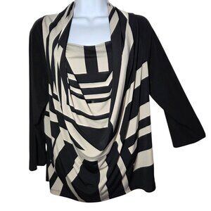 Chico's Black Gray Striped Draped Neck 3/4-Sleeve Careerwear Top Stretch M/12